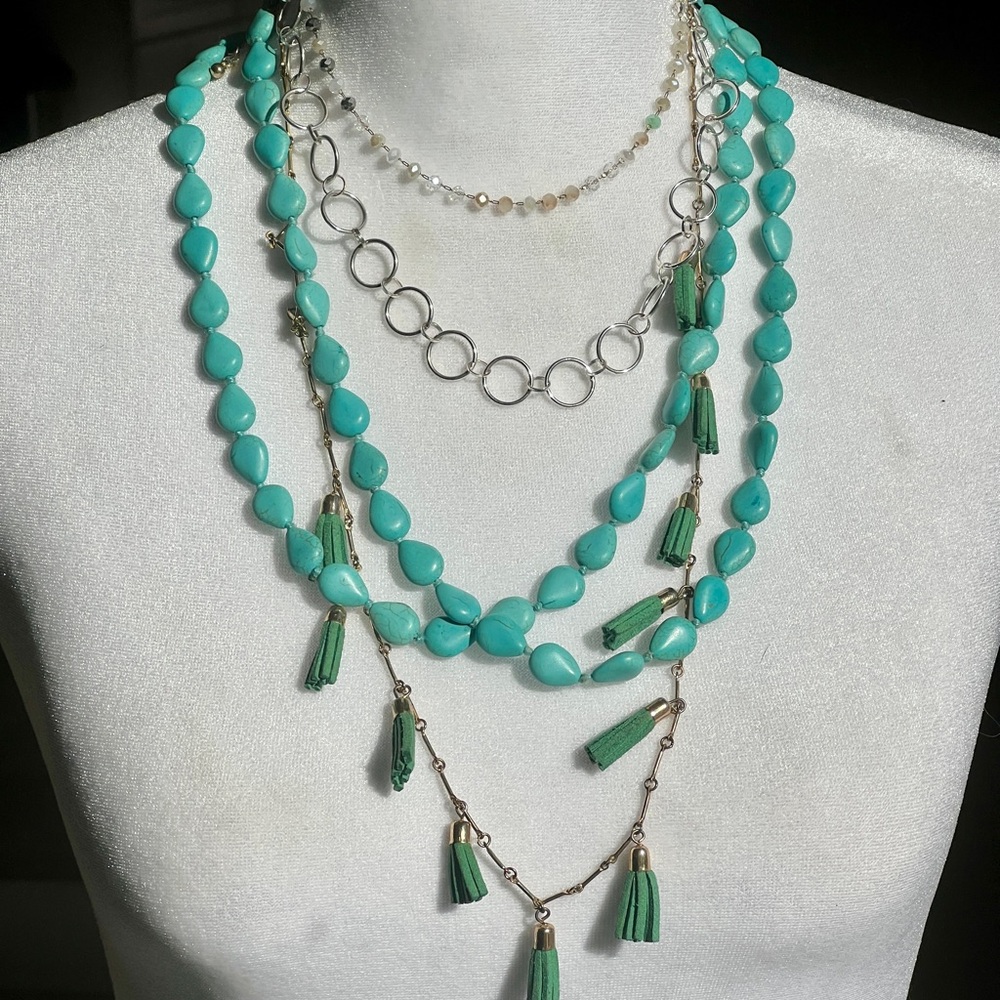 Boho Faux Turquoise & Silver Layered Necklace Bundle - Set of 4